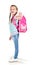 Smiling schoolgirl with backpack saying good bye