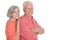 Smiling senior couple wearing bright clothing on white background