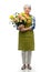 smiling senior woman in garden apron with flowers