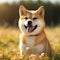 A smiling shibu on a walk in the park. Generative ai