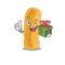 Smiling shigella flexneri cartoon character having a green gift box