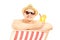 Smiling shirtless guy with cocktail posing on a beach chair