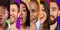 Smiling, shocked, pensive and serious young multiracial people on colorful backgrounds, close up