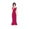 Smiling singer, vocalist or songstress wearing elegant evening dress and holding microphone. Pretty female cartoon