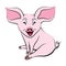 Smiling sitting pink pig with black contour.