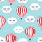 Smiling sleeping clouds and hot air balloons seamless pattern.