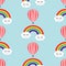 Smiling sleeping clouds, rainbows and hot air balloons seamless pattern.