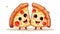 smiling slice of pizza in cute funny with cartoon kawaii style  on white background