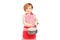 Smiling small girl holding a frying pan and kitchen utensil