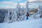 Smiling snowboarder stands among the snow-covered fir trees