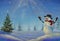 Smiling snowman and Christmas\\\'s tree with decorations in sunny forest