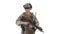 Smiling soldier with assault rifle talking on white background.