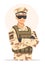 Smiling soldier in camouflage uniform with sunglasses. Military person standing confidently, arms crossed. Pride and