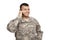 Smiling soldier talking on cell phone