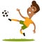 Smiling south american cartoon football player kicking the ball in mid-air