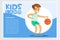 Smiling sportive boy playing basketball, kids land banner flat vector element for website or mobile app