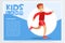 Smiling sportive boy running, kids land banner flat vector element for website or mobile app