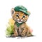 Smiling St. Patrick\\\'s baby cougar in a green leprechaun hat. Watercolor cartoon.