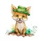 Smiling St. Patrick\\\'s baby coyote in a green leprechaun hat. Watercolor cartoon.