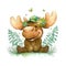 Smiling St. Patrick\\\'s baby moose in a green baseball hat with spring flowers. Watercolor cartoon.