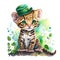 Smiling St. Patrick\\\'s baby ocelot in a green leprechaun hat. Watercolor cartoon.