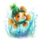 Smiling St. Patrick\\\'s Clownfish in a green leprechaun hat. Watercolor cartoon.