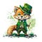 Smiling St. Patrick\\\'s wolf puppy in a green leprechaun costume. Watercolor cartoon.