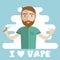Smiling standing bearded hipster man holding vape or vaporizer and vaping with steam cloud around. Middle aged vaper