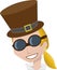 Smiling Steampunk Woman wear brown top hat goggles