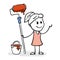 Smiling stick woman is painter. Drawing of cartoon stick figure conceptual illustration of young girl holding roller with paint.