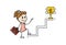 Smiling stick woman standing in front of a ladder and a goblet. Cartoon girl overcoming obstacle on way to success or victory cup