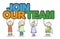 Smiling stickman characters holding text JOIN OUR TEAM