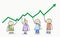 Smiling stickman characters holding upward sloping curve, business success concept