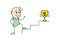 Smiling stickman standing in front of a ladder and a goblet. Cartoon man overcoming obstacle on way to success or victory cup