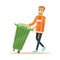 Smiling street cleaner man in a orange uniform taking out a container with garbage, waste recycling and utilization