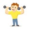 Smiling strong boy exercising with two dumbbells, cartoon character design. Flat vector illustration, isolated on white