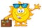 Smiling Summer Sun Cartoon Mascot Character With Sunglasses Carrying Luggage And Waving.