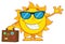 Smiling Summer Sun Cartoon Mascot Character With Sunglasses Carrying Luggage And Waving.