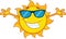 Smiling Summer Sun Cartoon Mascot Character With Sunglasses And Open Arms For Hugging.