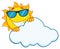 Smiling Summer Sun Mascot Cartoon Character With Sunglasses Hiding Behind Cloud