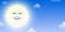 Smiling sun cartoon character on blue sky background with white clouds. Morning sun vector banner