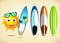 Smiling Sun Character Holding Sets of Surfboards