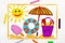 Smiling sun, ice cream, lifebuoy and sun umbrella