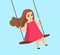 Smiling swinging girl with loose hair in pink dress. Happy cute little female kid play swing. Vector illustration