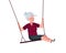 Smiling swinging grandmother. Happy elderly female relaxing and riding on swing. Senior granny have fun on children