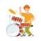 Smiling Teen Boy Sitting and Playing Drum Kit Performing on Stage Vector Illustration