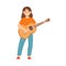 Smiling Teen Girl Standing and Playing Guitar Performing on Stage Vector Illustration