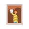 Smiling teenager boy washing window with rag. Cartoon kid character in striped sweater and blue pants. Housework concept