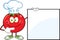 Smiling Tomato Chef Cartoon Mascot Character Pointing To A Blank Sign