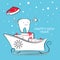 Smiling tooth with santa claus hat, in sleigh with gifts.